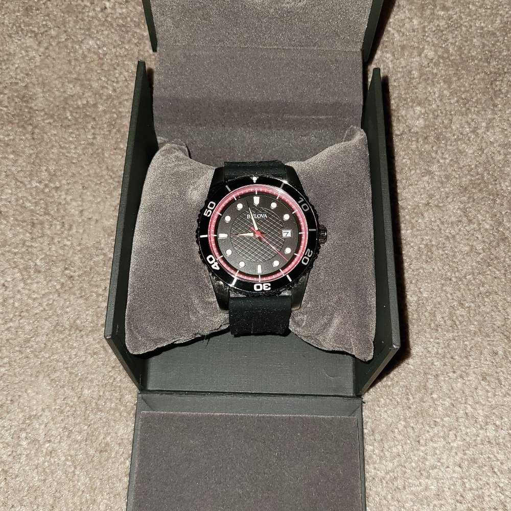 BULOVA 43mm Stainless Steel Black Silver Case with Black Resin Band Men's $275-